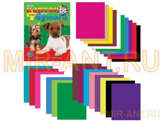 Набор цветного картона и бумаги А4 немелов, 16 + 10 цветов склейка "BR-94734" VK, 195х275 мм, Щенки