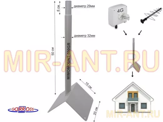 Кронштейн на конек для антенн, диаметр 32мм "MIMOMOUNT-500GR-105610" серый, обжатый, высота 50 см