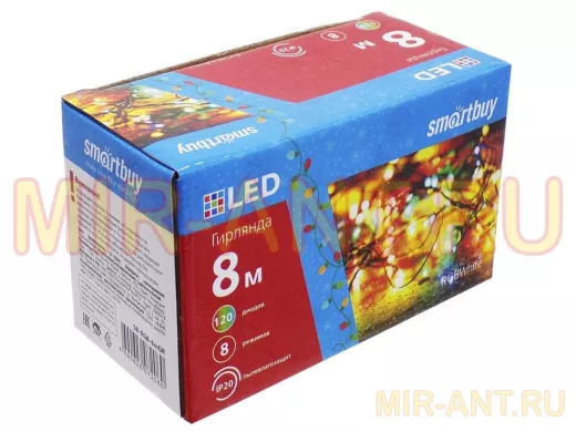 LED Гирлянда Smartbuy с контроллером, RGB, 8м, 120 диодов, IP20, зеленый провод (SB-RGB-8mGR)