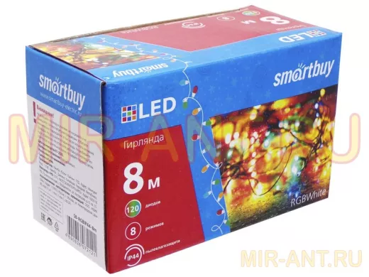 LED Гирлянда Smartbuy с контроллером, RGB, 8м, 120 диодов, IP44, прозрачный провод (SB-RGBIP44-8m)