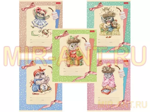 Тетрадь 12 л. клетка "BR-145221", обложка картон, "Совушки-милашки" (5 видов в спайке), 12Т5В1