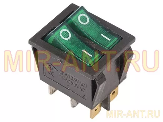 Выключатель клавишный 250V 15А (6с) ON-OFF зеленый  с подсветкой  ДВОЙНОЙ  REXANT