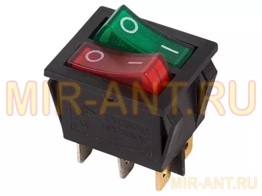 Выключатель клавишный 250V 15А (6с) ON-OFF красный/зеленый  с подсветкой  ДВОЙНОЙ  REXANT