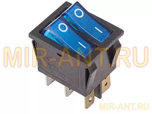 Выключатель клавишный 250V 15А (6с) ON-OFF синий  с подсветкой  ДВОЙНОЙ  REXANT