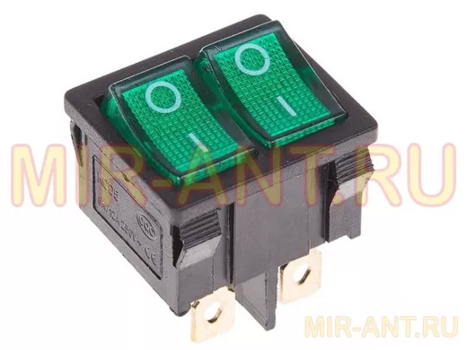 Выключатель клавишный 250V 6А (6с) ON-OFF зеленый с подсветкой ДВОЙНОЙ  Mini  REXANT