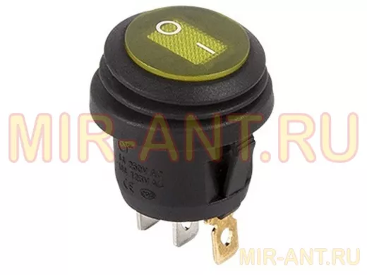 Выключатель клавишный круглый 250V 6А (3c) ON-OFF желтый  с подсветкой  ВЛАГОЗАЩИТА  REXANT