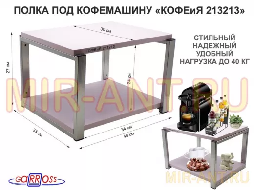 Полка под кофемашину к стене, высота 27см, под хром каркас "КОФЕиЯ 213213" полки 30х40см, лаванда