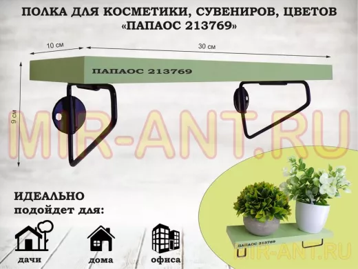Полка для косметики, сувениров, цветов, 30х10 см, высота 9 см, черный "ПАПАОС 213769" салатовый