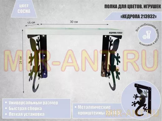 Полка для цветов, игрушек, сувениров "КЕДРОПА-213932 гекон" размер 15х30х24 см, сосна
