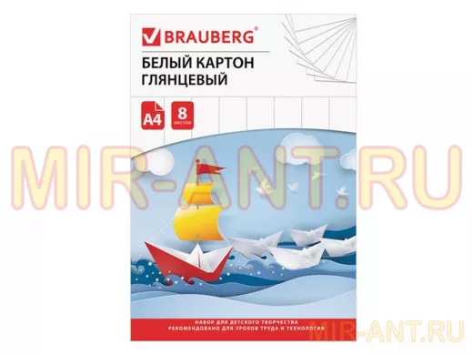 Картон белый А4 МЕЛОВАННЫЙ,  8 листов, в папке "BR-74629", 200х290мм, Лодочка