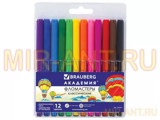 Фломастеры "BR-75446" "АКАДЕМИЯ" 12 цветов, вентилируемый колпачок, ПВХ упаковка