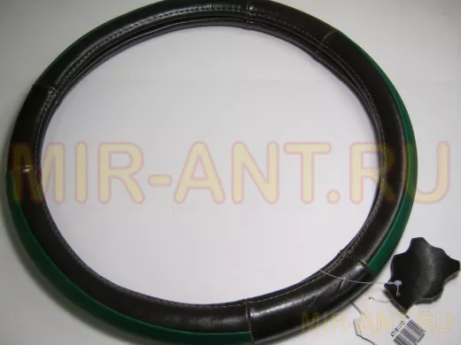 Оплетка на руль 38 см. M 4716 III D кожа коричневая+зеленая кожа вставка сверху 