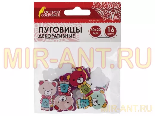 Пуговицы декоративные МИШКИ, дерево, 30*20мм, 16шт., ассорти 