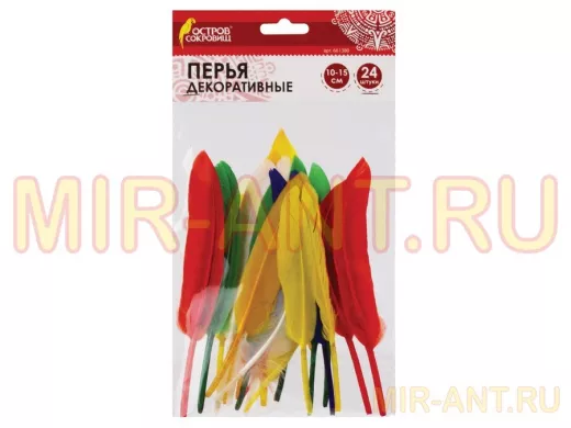 Перья декоративные ПРЯМЫЕ (10-15см), 24шт., 6 цветов, ЯРКИЕ, ассорти 