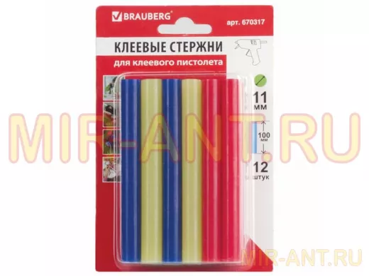 Клеевые стержни, диаметр 11,0мм, длина 100мм, цветные (ассорти), КОМПЛЕКТ 12 штук 