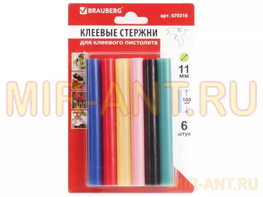 Клеевые стержни, диаметр 11,0мм, длина 100мм, цветные (ассорти), КОМПЛЕКТ 6 штук 