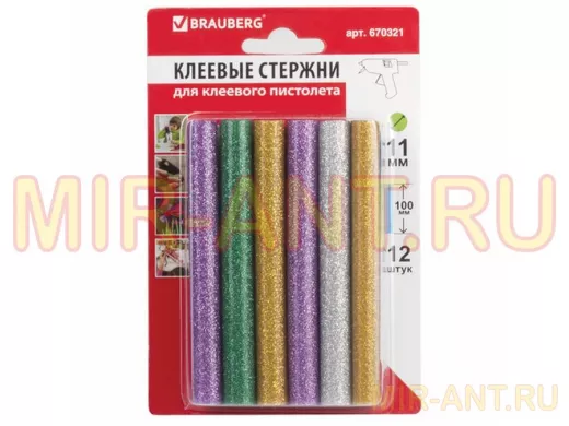 Клеевые стержни, диаметр 11,0мм, длина 100мм, цветные (ассорти),С БЛЕСТКАМИ,КОМПЛЕКТ 12 шт 