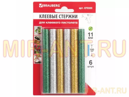 Клеевые стержни, диаметр 11,0мм, длина 100мм, цветные (ассорти),С БЛЕСТКАМИ,КОМПЛЕКТ 6 шт."BR-79854"