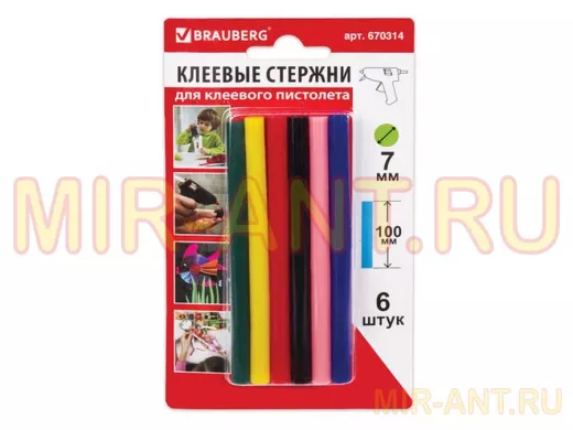 Клеевые стержни, диаметр  7,0мм, длина 100мм, цветные (ассорти), КОМПЛЕКТ 6 штук 