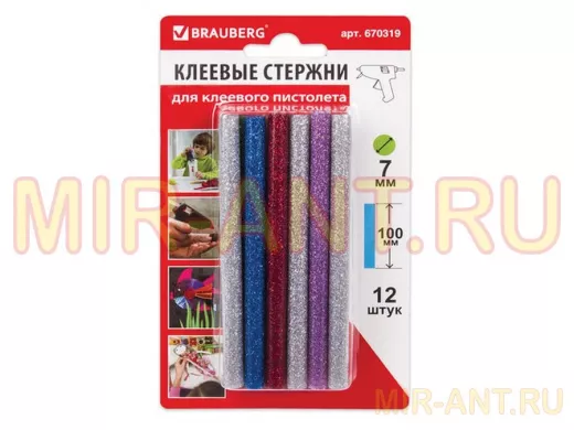 Клеевые стержни, диаметр  7,0мм, длина 100мм,цветные(ассорти),С БЛЕСТКАМИ,КОМПЛЕКТ 12 шт. 
