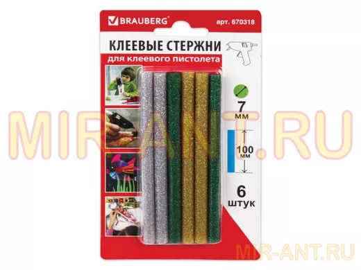 Клеевые стержни, диаметр  7,0мм, длина 100мм,цветные(ассорти),С БЛЕСТКАМИ,КОМПЛЕКТ 6 штук 