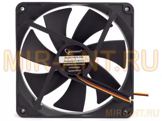 Вентилятор  +12В;  140х140х25мм; Gembird, гидрод., тихий, 3 pin/4pin Molex, провод 40 см