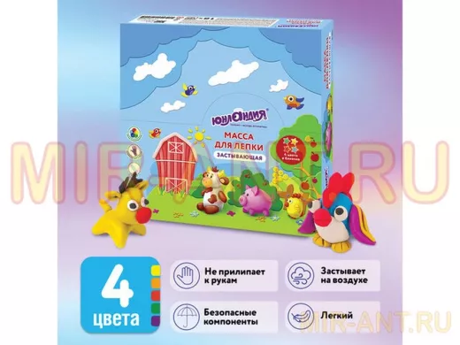 Масса для лепки (1 баночка) "BR-92482" "ЮНЛАНДИК - ФЕРМЕР", 4 цвета в баночке, застывающая, 128 мл